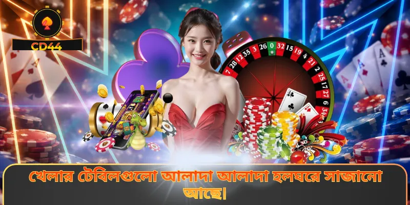 খেলার টেবিলগুলো আলাদা আলাদা হলঘরে সাজানো আছে।